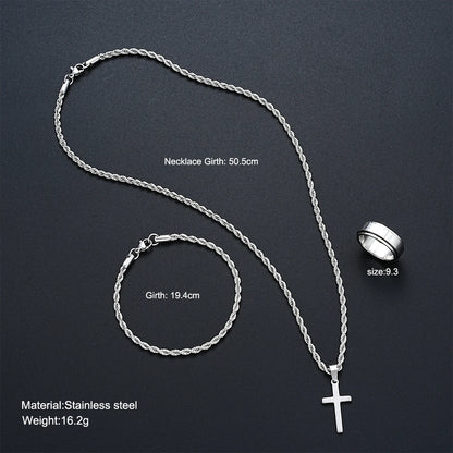 Stainless Steel Simple Jewelry Set For Men Women Fashion Silver Color Cross Pendant Twisted Rope Necklace Bracelets Ring Gifts
