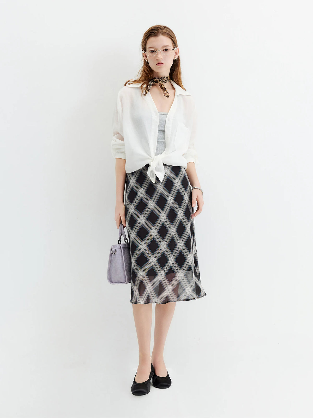 FSLE 2026 Fall Women's Vintage Contrast Plaid Elastic Waist Flowy Chiffon Straight Midi Skirt - Casual Chic Everyday Style