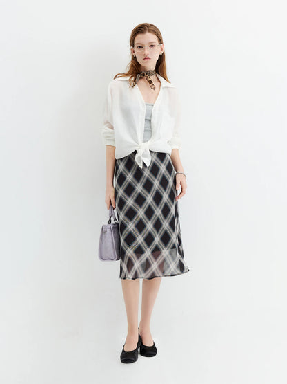 FSLE 2026 Fall Women's Vintage Contrast Plaid Elastic Waist Flowy Chiffon Straight Midi Skirt - Casual Chic Everyday Style