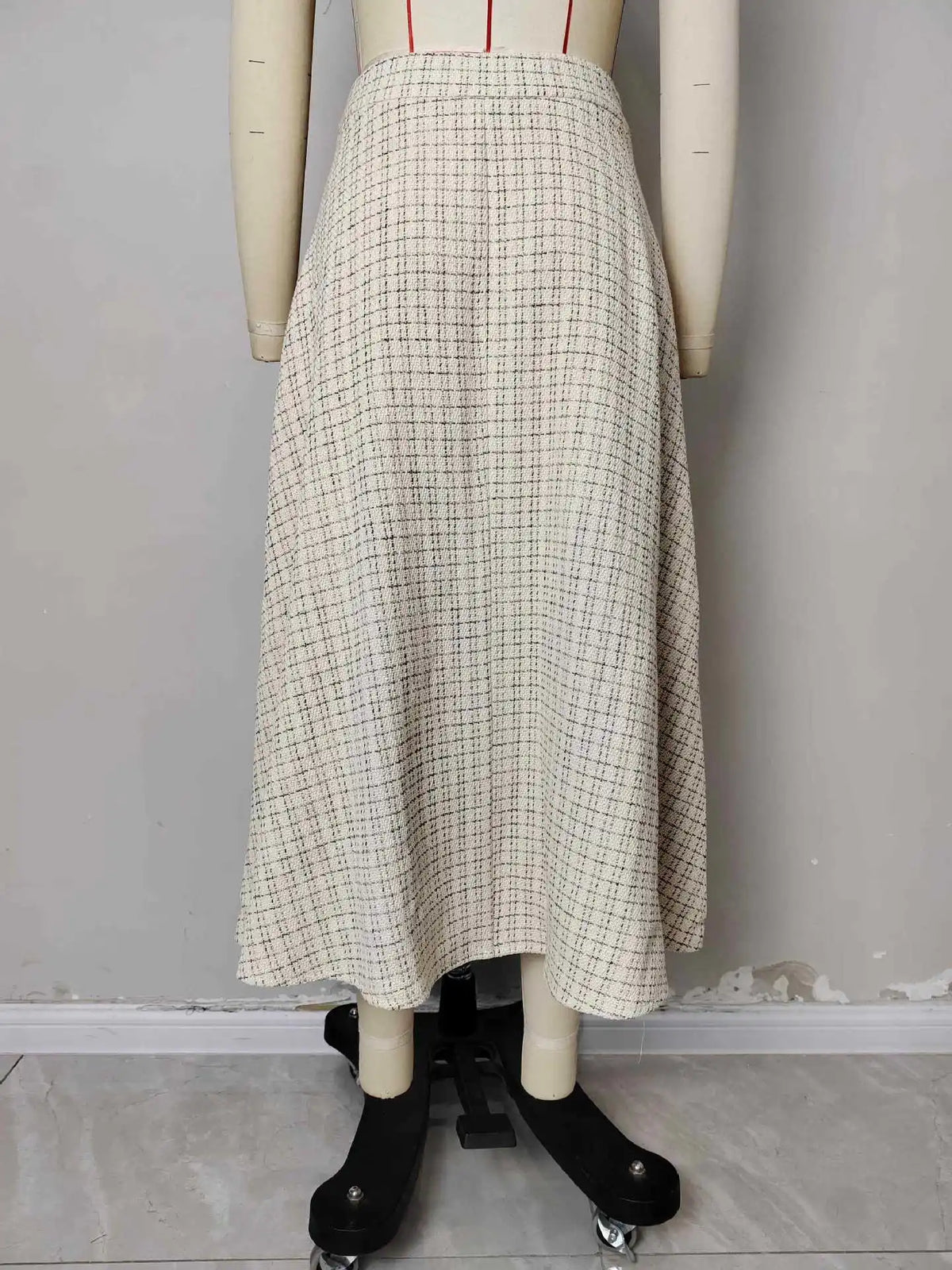  FairyShely Vintage Pleated Plaid Long Skirt Women 2026 Autumn Winter Woolen Skirt Mixed Tweed Flared Skirt for Women