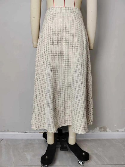  FairyShely Vintage Pleated Plaid Long Skirt Women 2026 Autumn Winter Woolen Skirt Mixed Tweed Flared Skirt for Women
