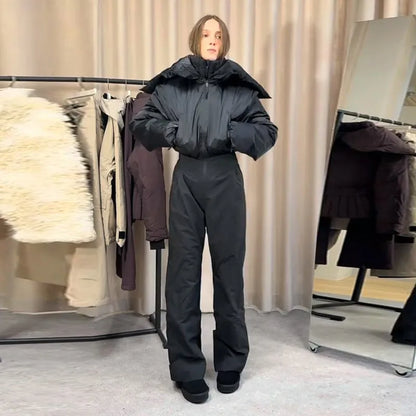 Warm Women's Skiwear Jumpsuit With Belt Stand Collar Full Sleeve Zipper Straight Thicken Jumpsuits 2026 Winter Lady Chic Clothes