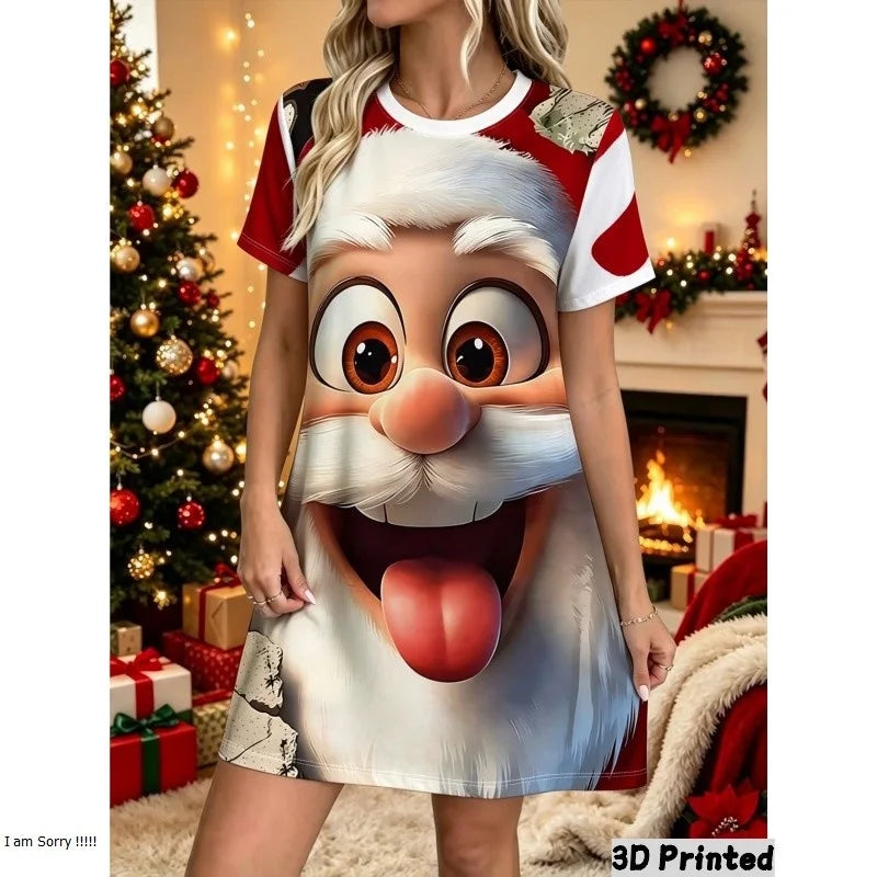 3D Fun Santa Claus Printed New Year Party Dress Women's Short Sleeve Round Leader Casual Loose Mini Dress Vestidos De Mujer