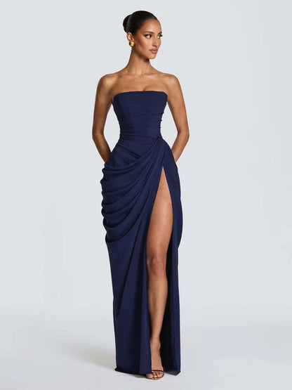 Elegant Yellow Strapless Pleated Long Dress Women Chic Solid Sleeveless Waist Cinching Split Gown 2026 Lady Evening Party Robes