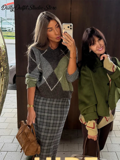 Elegant Knit Sweater Plaid Midi Skirt Set Faux Fur Hem Patchwork Pullover Casual Fall Winter Elegant 2026 New Chic Hot Lady Sets