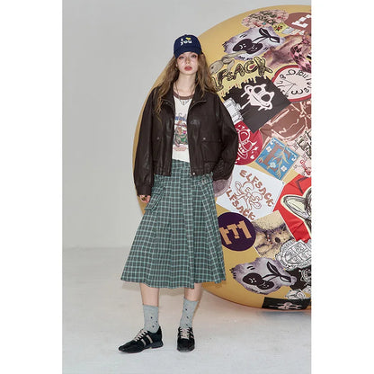 ELFSACK 2025 Autumn New Arrival Casual Checkered Pocket Asymmetric Pleated Street Style Midi Skirt For Woman