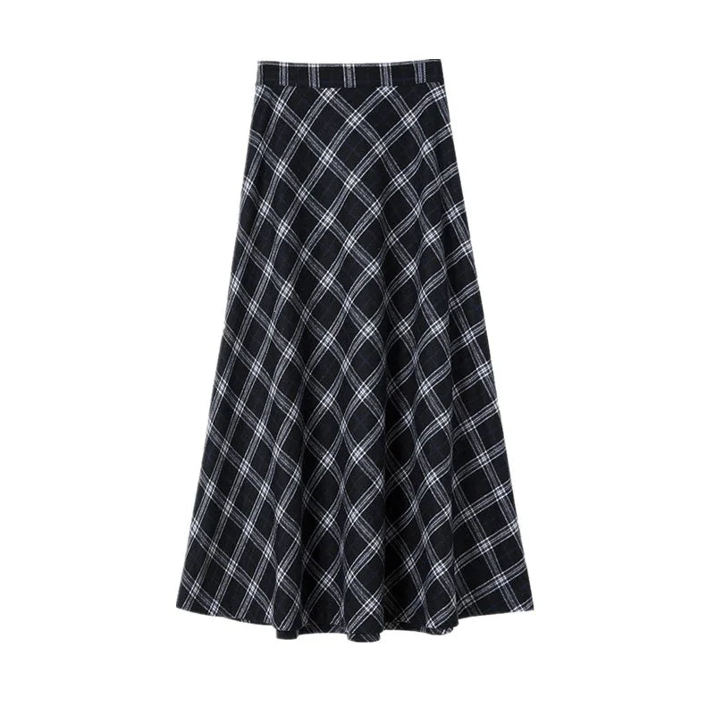 New 2025 Plaid Long Skirts Women Korean Style High-waisted A-line Thin Skirt Casual Daily Basics Skirts Woman