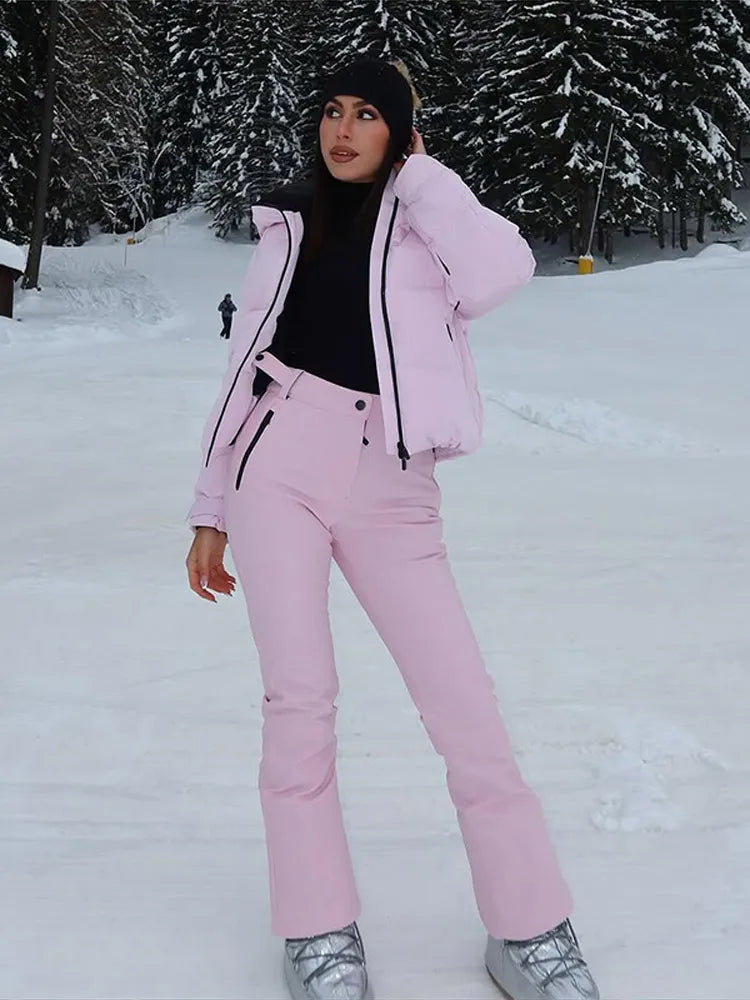 Fashion Patchwork Women's Ski Suit Warm Hooded Zipper Belt Full Sleeve Slim Jumpsuit Lady New Winter Casual Ski Clothing 2026
