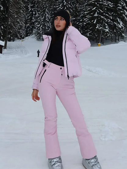 Fashion Patchwork Women's Ski Suit Warm Hooded Zipper Belt Full Sleeve Slim Jumpsuit Lady New Winter Casual Ski Clothing 2026