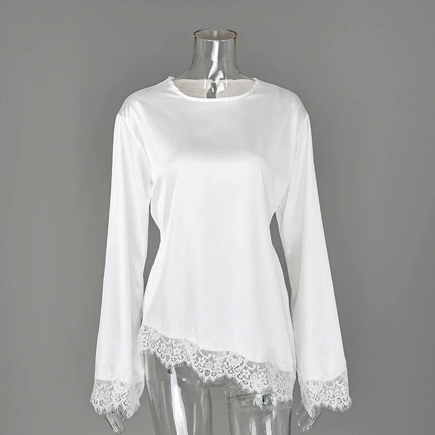 Linad Elegant White Lace Flare Sleeve Woman Blouse 2026 Vintage Satin Asymmetrical Shirts Female Casual O Neck Pullover Tops