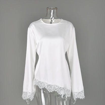 Linad Elegant White Lace Flare Sleeve Woman Blouse 2026 Vintage Satin Asymmetrical Shirts Female Casual O Neck Pullover Tops