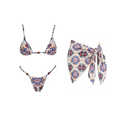 Push Up 2026 New Retro Prints 3 Pieces Bikinis Sets With Mesh Pants Beachwear Sexy Women's Swimsuit Cover-ups Strappy Beach Wear