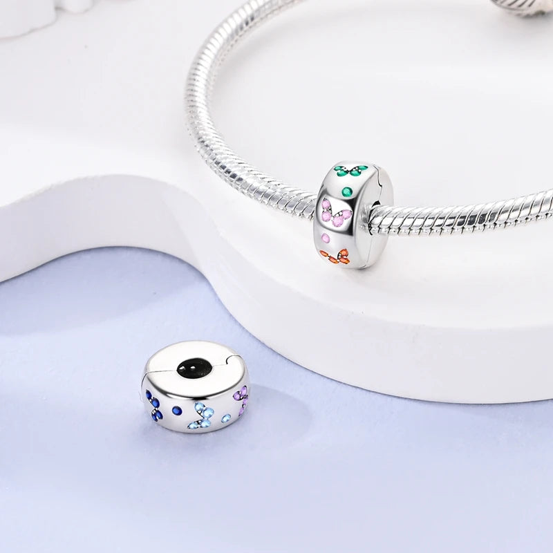 Original 925 Sterling Silver Clip Charm Inlaid Zircon Cat Butterfly Charm Silicone Spacer Beads For Women Bracelet DIY Jewelry