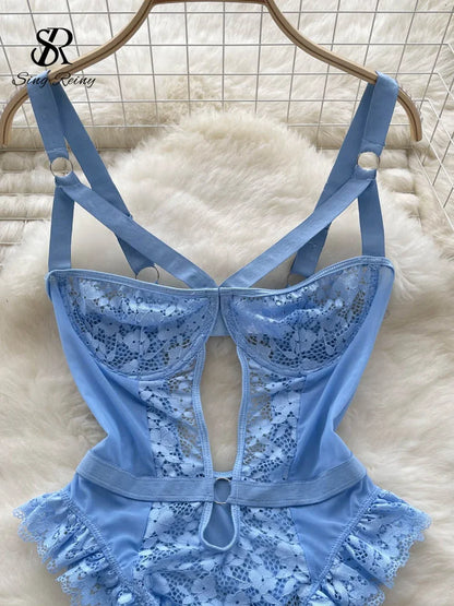 SINGREINY Women Erotic Sexy Lace Rompers Sleeveless Backless Slim Short Playsuit Transparent Underwear Hollow Out Mesh Bodysuits