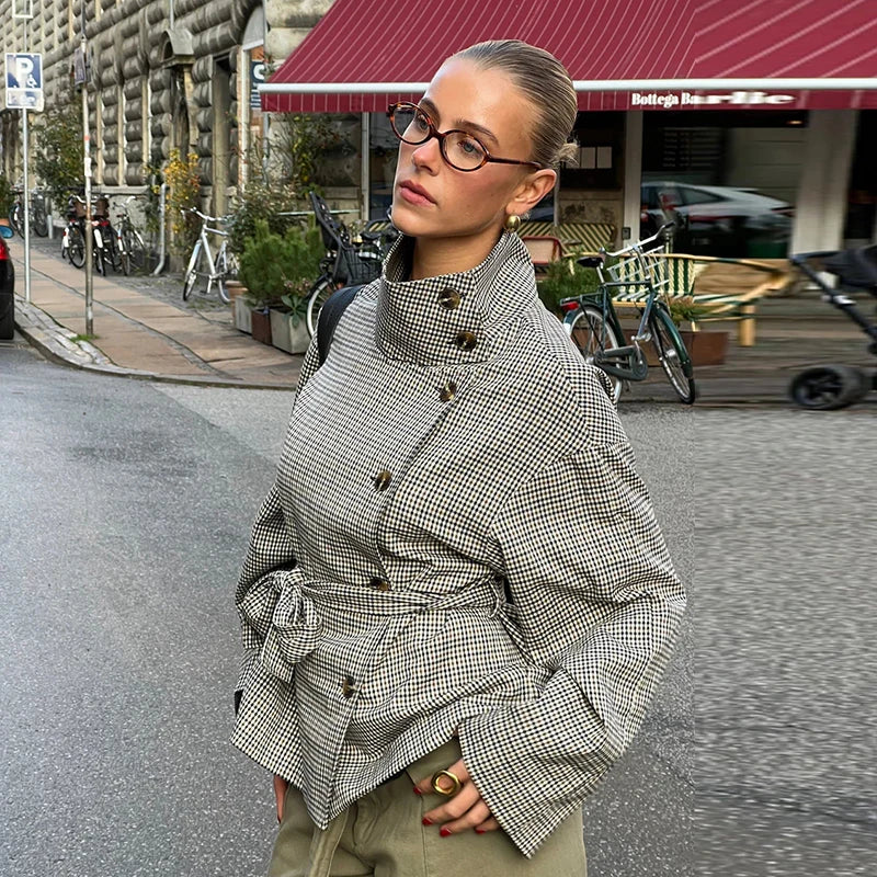 Plaid Women's Outerwear Lapel Double Breasted Trench Coat Belted Raglan Sleeve Jacket French Vintage Style Daily Fashion Wear