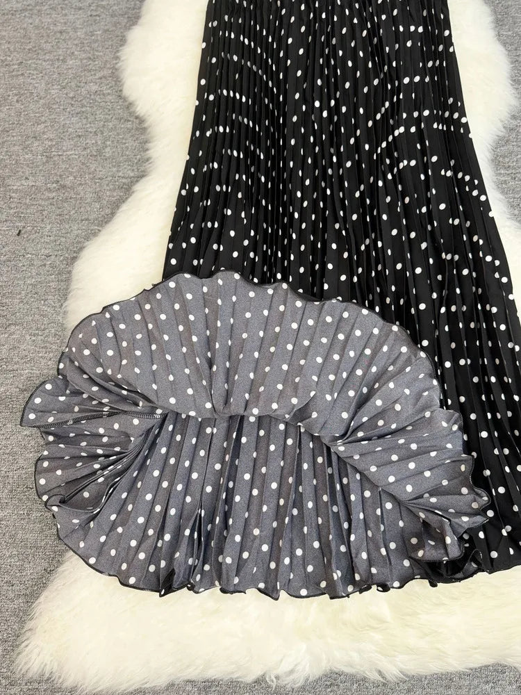 Polka Dot Print High Elegant A-line Pleated Long Skirt For Women 2025 Spring autumn Office Lady Casual Leopard Skirts