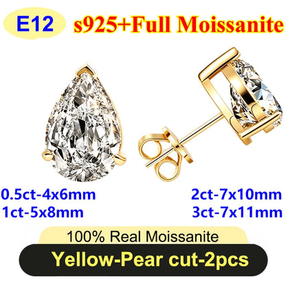 PureNew 0.5-3ct Classic Full Moissanite Earrings For Women S925 Silver Plated 18k Gold D Color VVS1 Women's Moissanite Earrings