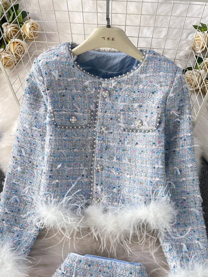 Autumn Winter Women Slim Fit Tweed Jacket Mini Skirt Two Piece Set Elegant Ladies Feathers Beading Sequin Birthday Party Outfits