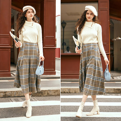 OLrain Women's Plaid Pleated Skirts Autumn 2026 French Style A-line Vintage Spliced Wool Blend High-waist Midi Skirt O23DB89110