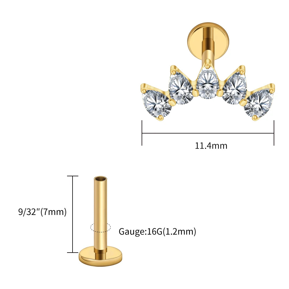 Right Grand ASTM F136 Titanium 5-Pear CZ Crown Cartilage Earring 16G Flat Back Stud Helix Tragus Labret Nose Piercing Jewelry