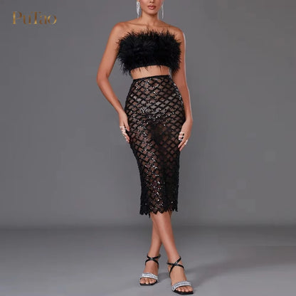 PuTao 2 Piece Formal Outfit White Feather Strapless Crop Top Sequin Mesh Midi Skirt Set Evening Birthday Cocktail Dresess