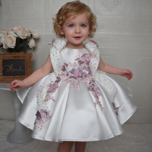White Children's Princess Flower Dress Embroidered Girls' One-Year Birthday Sleeveless Tutu Dress High-end Dress for Show