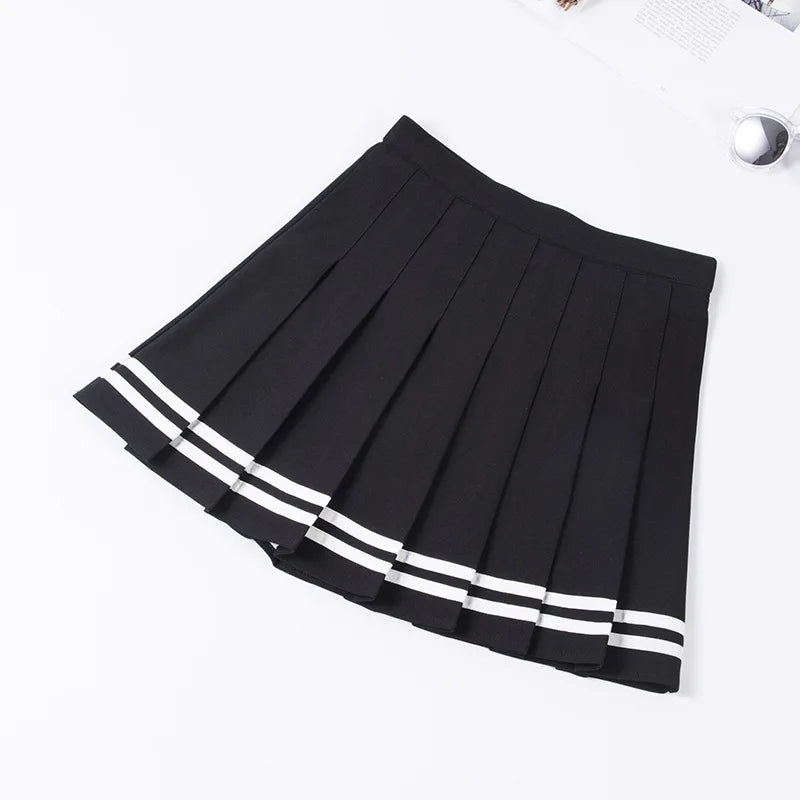 High Waist Elastic Women's Skirts Vintage Korean Style Patchwork Striped Pleated Female Sweet Mini Dance Plaid Skirt