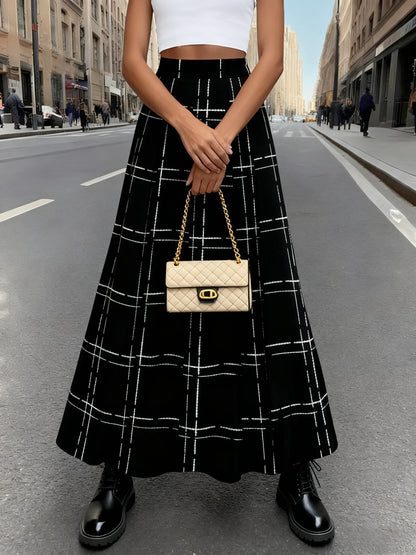 Women's High Waist A Line Pleated Skirt with Black and White Plaid Print Casual Office Midi Skirt for Summer Spring