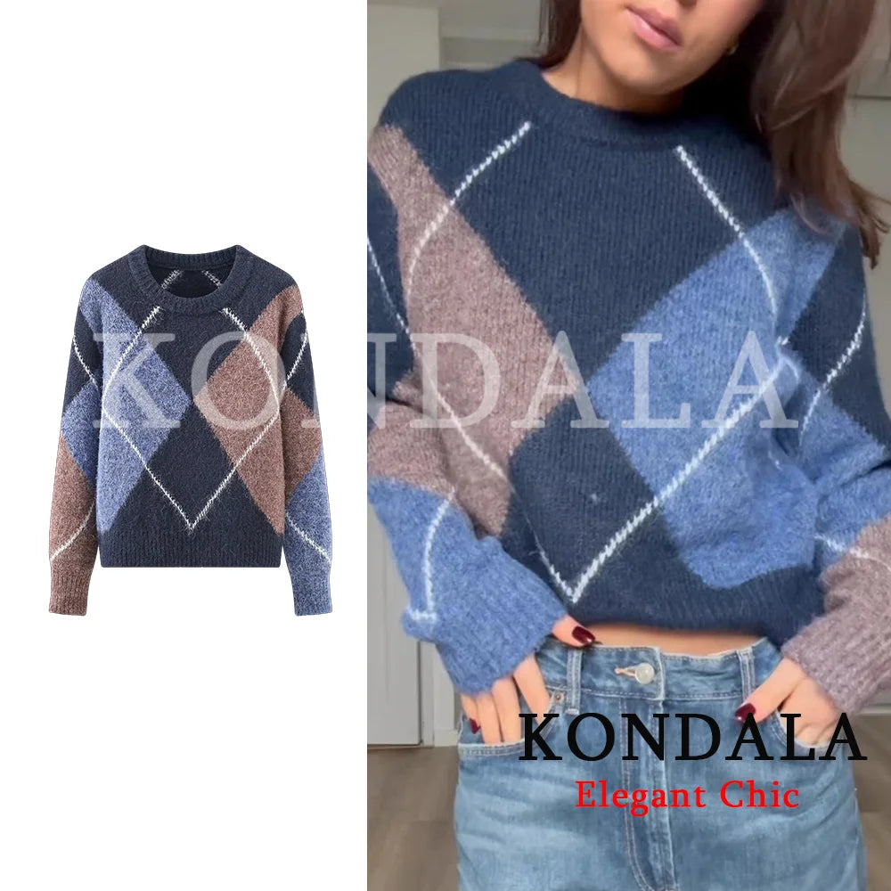 KONDALA Women Trendy Rhombus Contrasting Sweater Elegant Knitted Blouse 2026 Fall Fashion Holiday Party Commute Lady Sweater