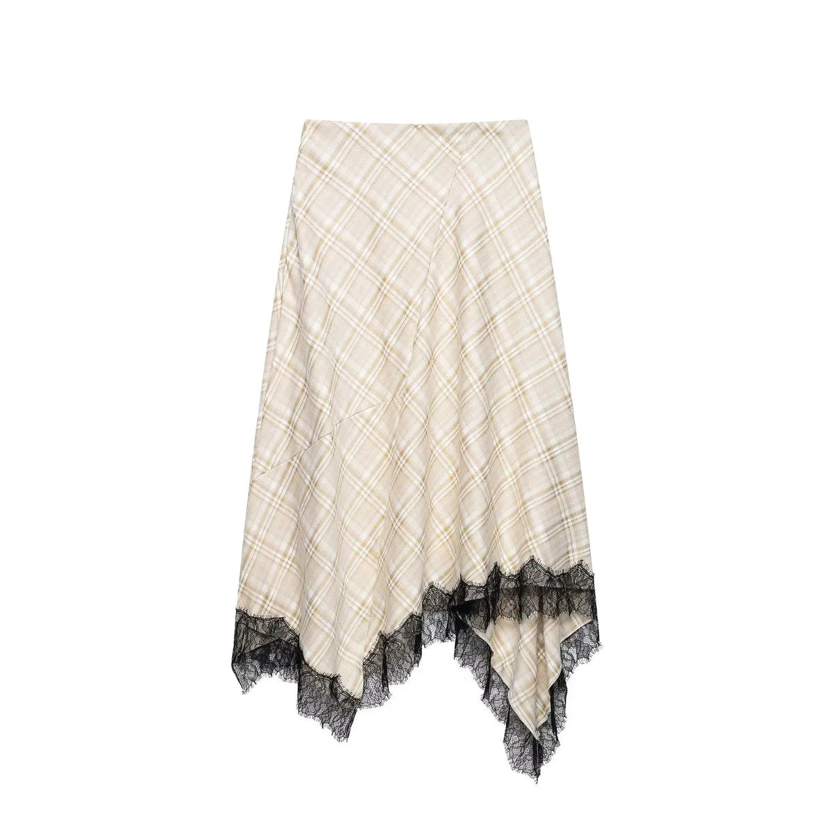 Spring Summer Women's Plaid Asymmetry Skirts Female Vintage  Skirts Chic Lace Splice Midi Skirts Lady Casual Ruched Skirt