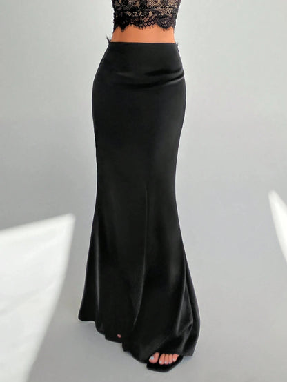 Women Black Satin Mermaid Maxi Skirt High Waist Bodycon Long Skirt Elegant Evening Party Formal Dressy Skirts