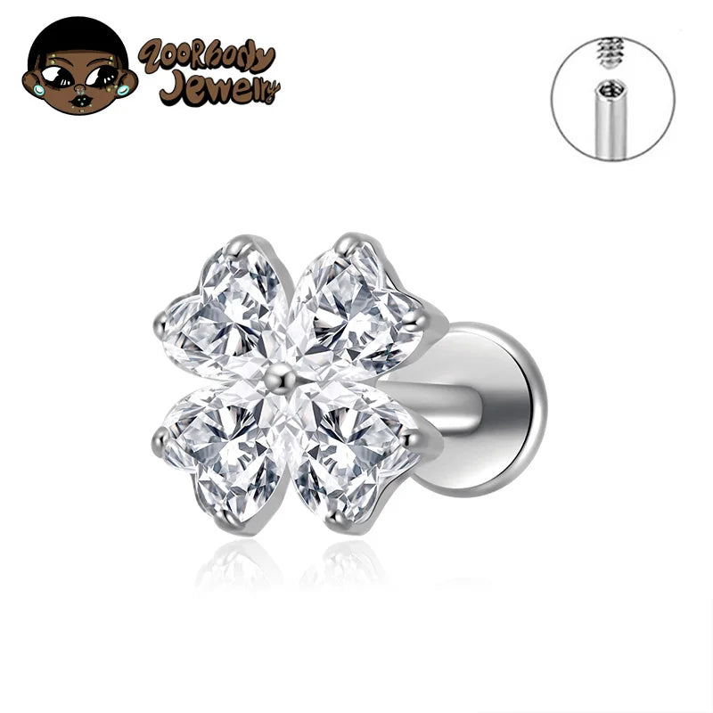 ASTM F136 TItanium with Heart CZ Flower Lab Piercing Labret Lip Studs Sparkle Ear Tragus Helix Conch Lobe Earrings Body Jewelry