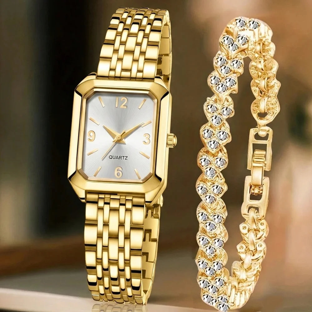 2Pcs/Set Unisex Jewelry Watches Women's Wristwatch Accessories Gold Trendy Fashionable Elegant Classic Exquisite Light Luxury Minimalist Style Luxury Bracelet Watch Set Y2K Suitable for Daily Outfits Travel Perfect Holiday Gi