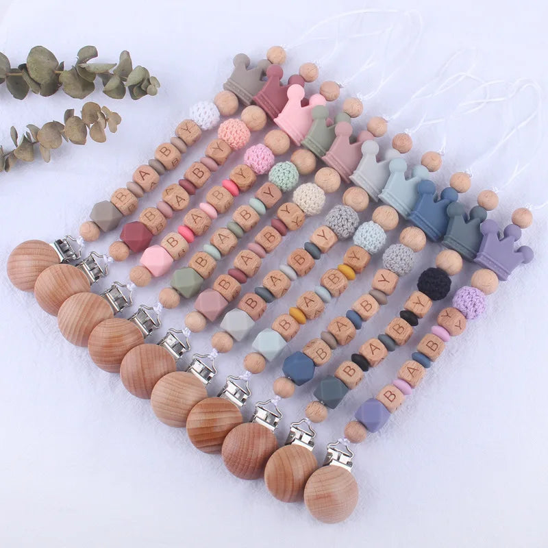 Handmade Beech Wood Baby Pacifier Chain Crown Silicone Beads Infant Appease Soother Clips Anti-Drop Dummy Holder Nipple Clip