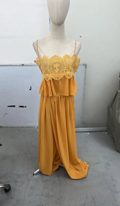 Women Pant Set Sheer Layers Spaghetti Strap Backless Lace Top Straps Solid Loose Straight Elastic Hem Fashion Beach Chic Suits