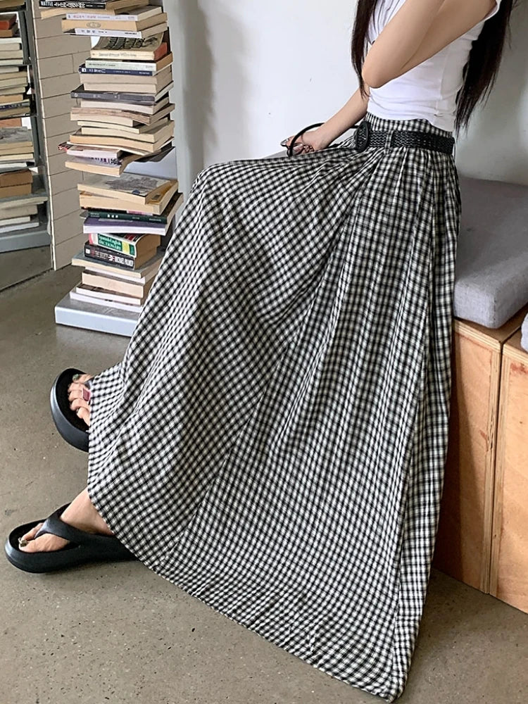 Midi Long Skirts Womens Maxi Skirt 2025 Spring Summer Black White Plaid Skirt Goth Vintage High Waist Ruffle Pleated Skirts rok