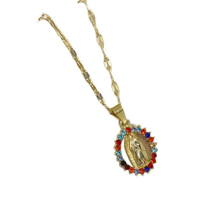 EXQUISITE AND STYLISH DESIGN, HOLLOW NECKLACE OF THE VIRGIN MARY ADORNED WITH BEAUTIFULLY SET COLORED ZIRCONIA