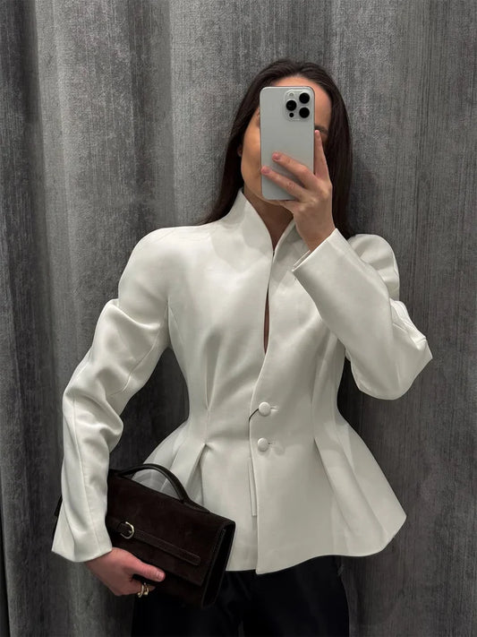 Women's Solid Elegant Ruffle Coats Chic Hollow-out V-neck Full Sleeve Waist-cinching Coat 2026 Spring Lady Highstreet Outwear