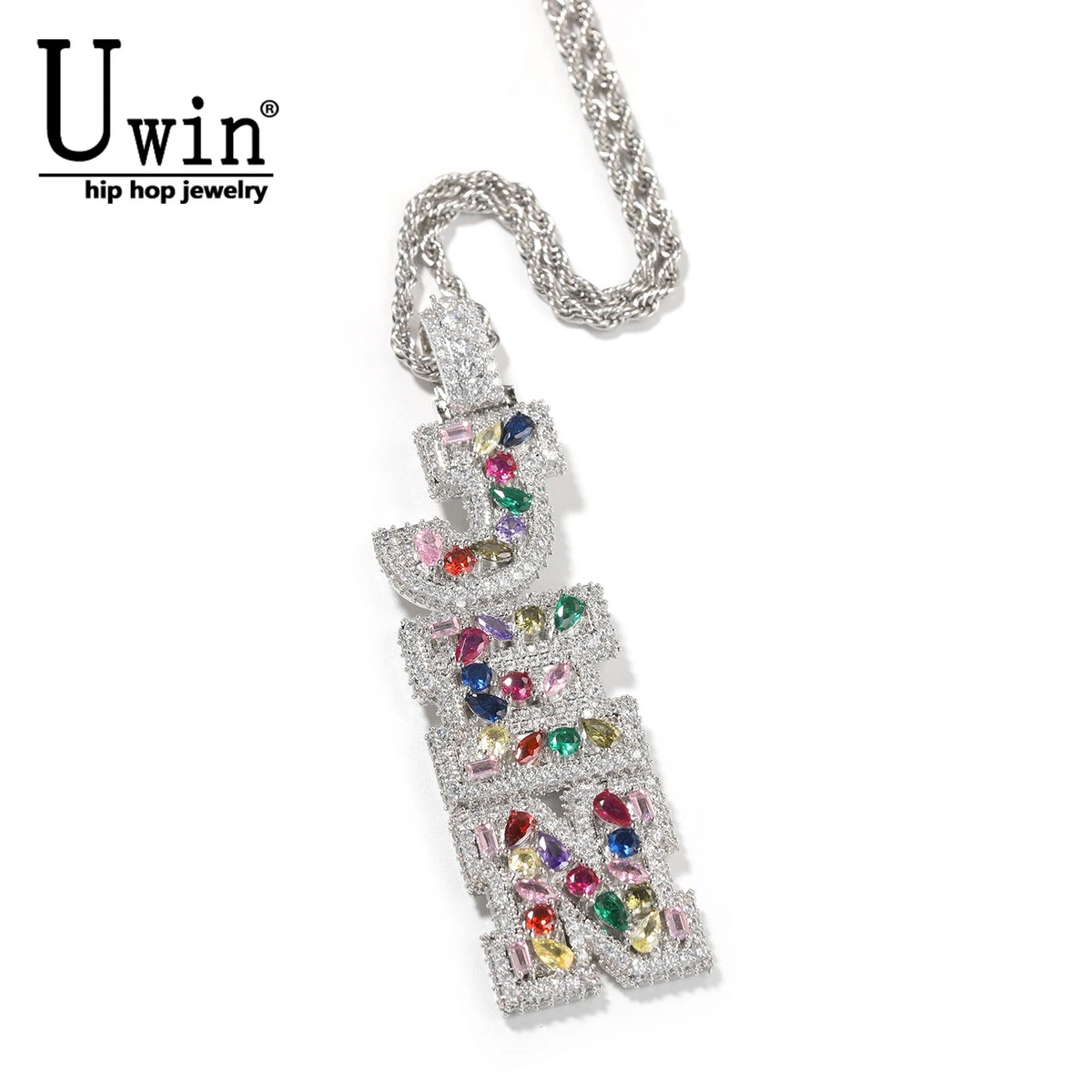Uwin Custom Vertical Initial Letter Pendant Mixed Inlay Irregular Shape Cubic Zircon NamePlate Necklace Hiphop Jewelry