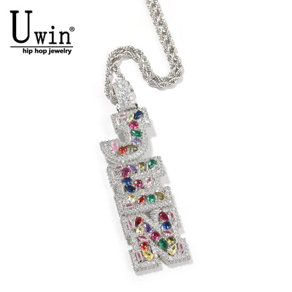 Uwin Custom Vertical Initial Letter Pendant Mixed Inlay Irregular Shape Cubic Zircon NamePlate Necklace Hiphop Jewelry