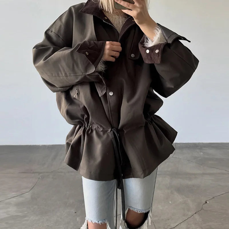 Lapel Women's Outerwear Waist Cinching Belted Jacket Drop Shoulder Cropped Cargo Trench Coat Meilaid Style Daily Fashion Wear