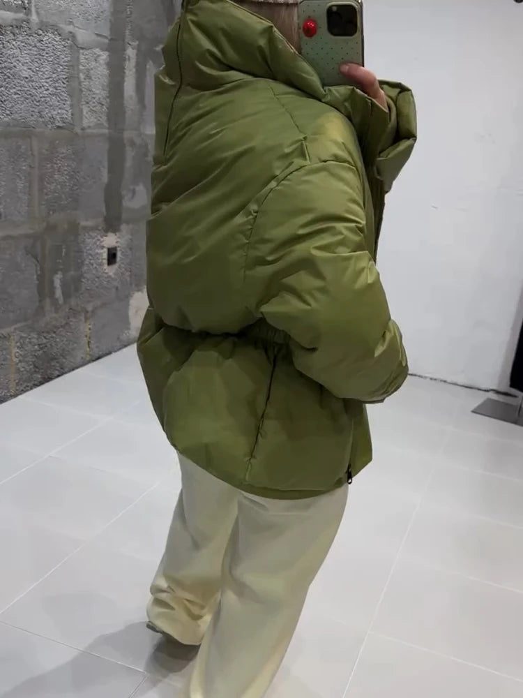 Women Stand Collar Puffer Jacket Waist Cinched Zipper Long Sleeve Warm Padded Coat 2026 Winter Commuter Lady Quilted Outerwear