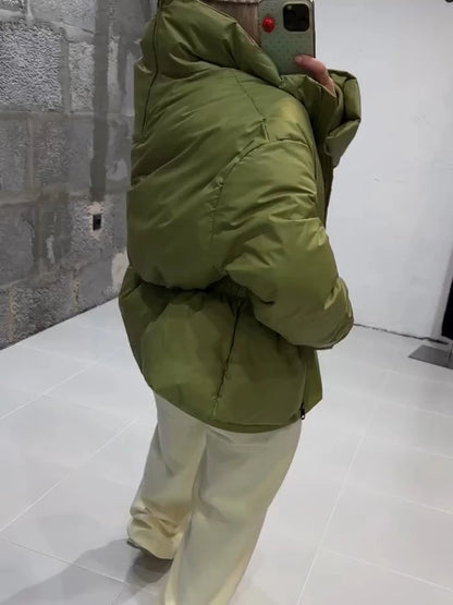 Women Stand Collar Puffer Jacket Waist Cinched Zipper Long Sleeve Warm Padded Coat 2026 Winter Commuter Lady Quilted Outerwear