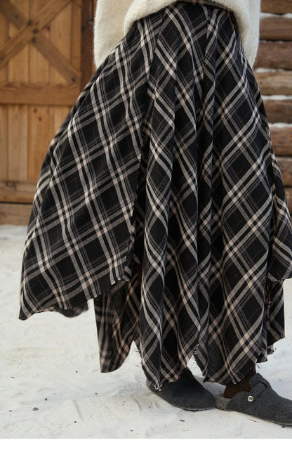 MISHOW Irregular Brushed Plaid Skirt for Women 2025 Winter Retro Blue Plaid Skirt Frayed Edge Midi A-line Skirts MXE86B2450