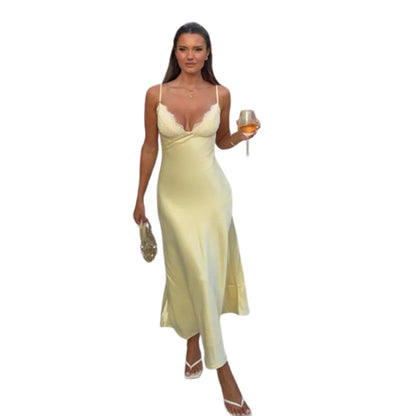 Women's Light Yellow Lace-Trim Slip Dress