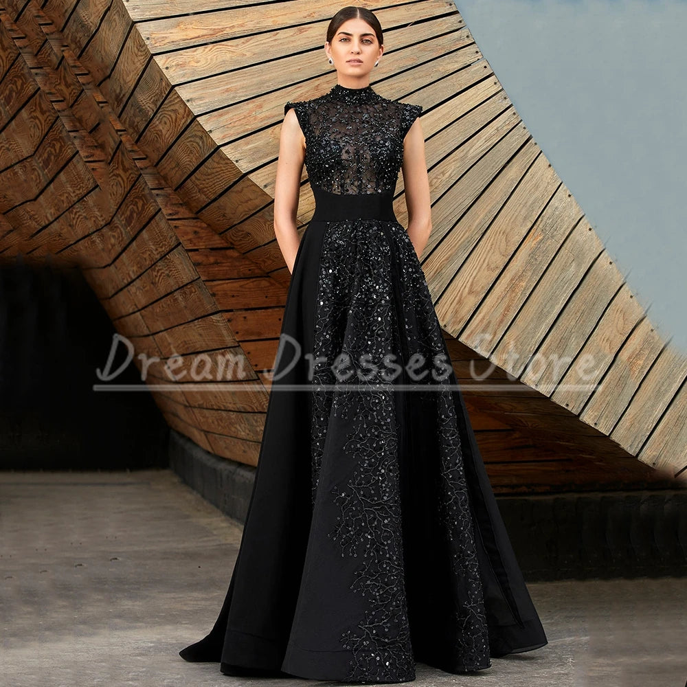 Charming Black High Neck Sequin Applique Evening Dress Cap Sleeve A-Line Jersey Women Party Gowns Illusion Back Sweep Train