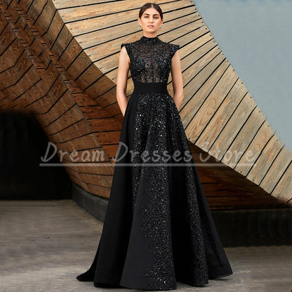 Charming Black High Neck Sequin Applique Evening Dress Cap Sleeve A-Line Jersey Women Party Gowns Illusion Back Sweep Train