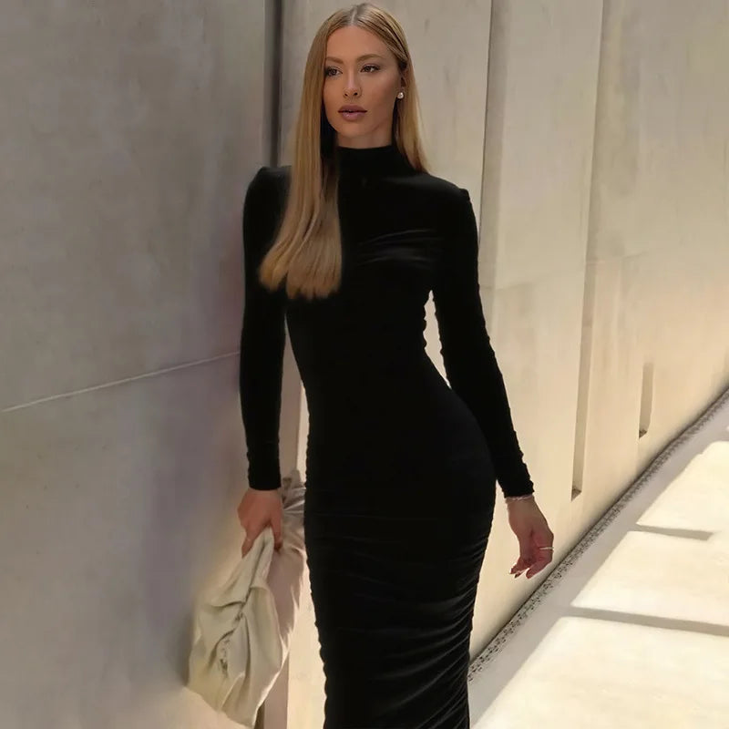 Women's New Solid Temperament Turtleneck Dress Fashion Bodycon Long Sleeve Slim Midi Dresses 2025 Sexy Skinny Party Evening Gown