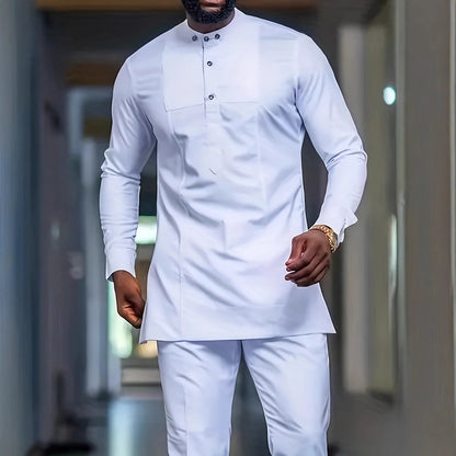 2025 African Men Dashiki Long Sleeve 2 Piece Set Traditional Outfit Africa Clothing White Men's Suit Male Shirt Pants Suits