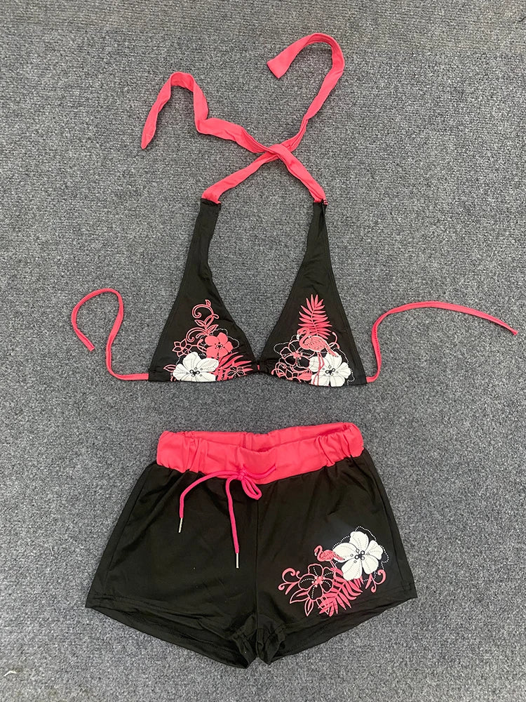 Y2K Summer Dopamine Contrast Sexy Beach Vacation Bikini Suit Spice Girl Strap Flower Print Navel Split Two Piece Shorts Bra Suit